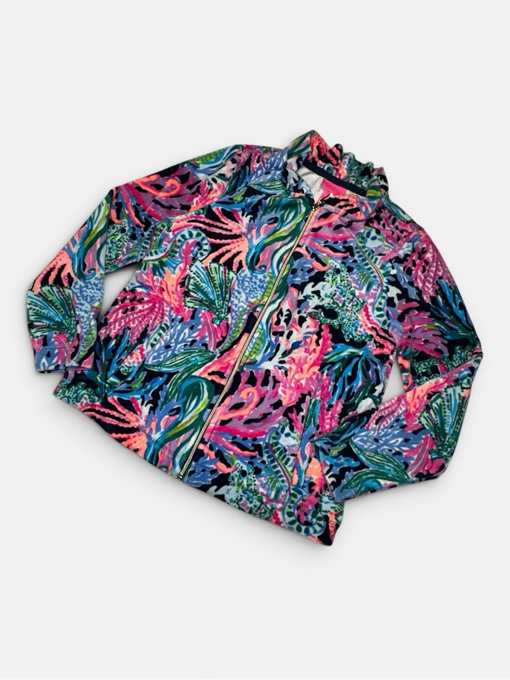 Lilly Pulitzer Girls Multicolor Floral Zip Hoodie with Gold Hardware Size L 8-10